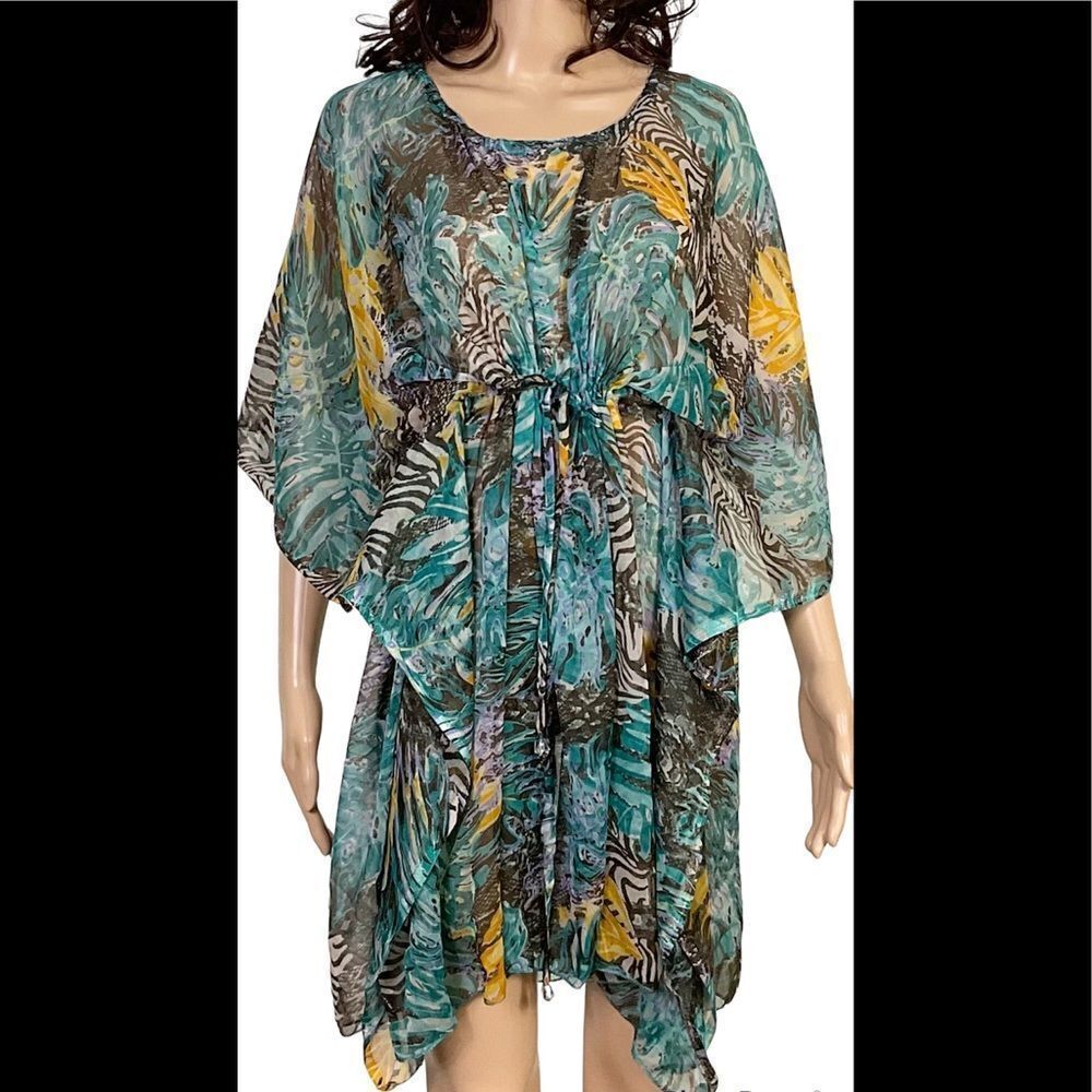 Sunflower Multi-Color Tropical Print Half Sheer Caftan Tunic Dress Cover Up OS